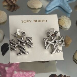 Tory Burch Metallic Silver Logo Earrings